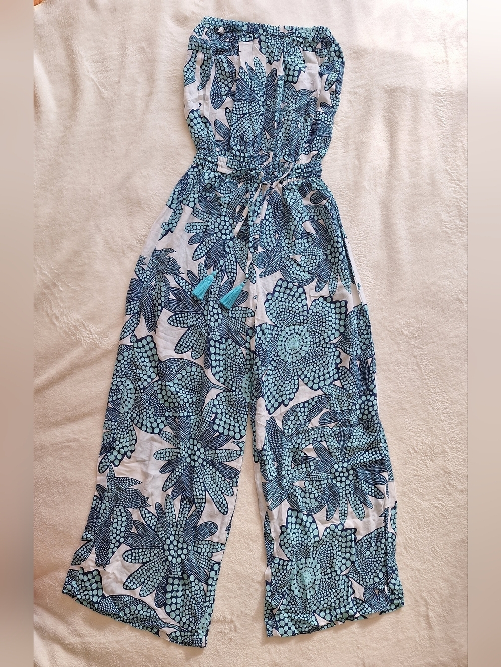 Lani Lau Hawaii Strapless Romper S/M Blue White Floral Boho Culotte 🏝️